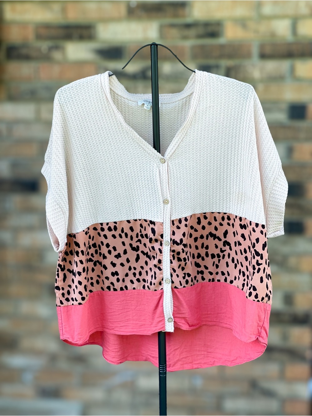 Umgee XL Colorblock Leopard Print Waffle Knit Button Front Oversized Top
